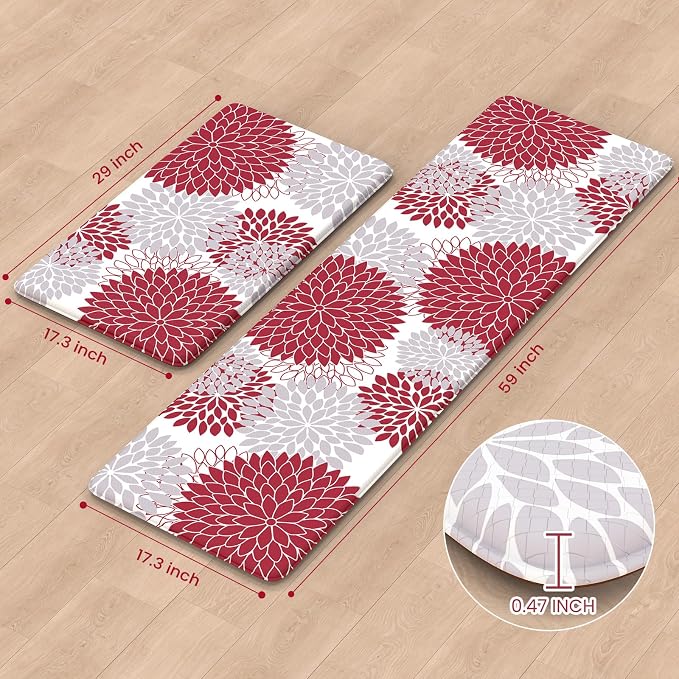 KIMODE Kitchen Rugs and Mats Cushioned Anti Fatigue 2PCS Standing Mat | 17"x59"+17"x29",Floral,Red,Non-slip,Waterproof,Kitchen Runner Rug,Comfort Foam Paded Mat for Floors Office Laundry Sink