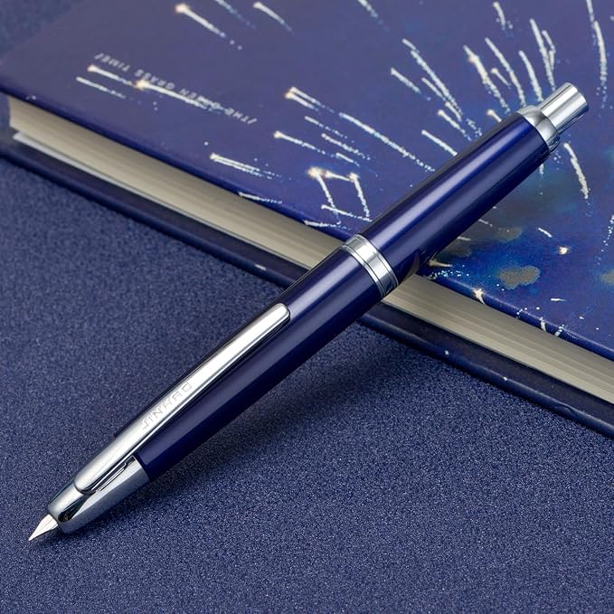 Jinhao 10 Press Fountain Pen with Box, Dark Blue Retractable Medium Nib with Ink Converter Set (Silver Clip)