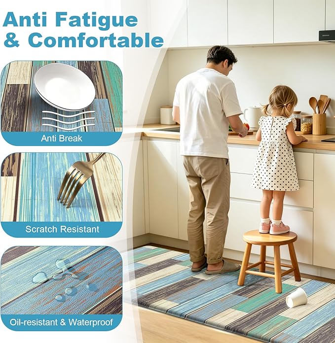 LOKHOM Anti Fatigue Kitchen Mats for Floor, 24x59 Non Slip Modern Cushioned Standing Comfort Kitchen Runner Rug, Waterproof Geometric Patchwork Memory Foam Padded for Sink Laundry Office, Teal