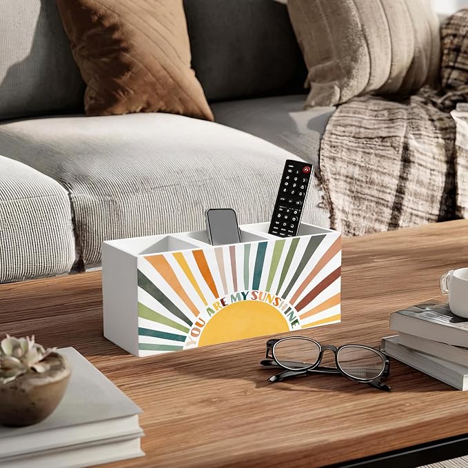 Boho Sun Motivational Wooden Pen Holder for Desk, You Are My Sunshine Positive Affirmation Pencil Organizer Wooden Box Sign for Kids Room Classroom Home Office Decoration