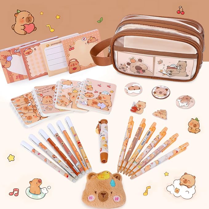 Capybara Theme Clear Backpack, 28Pcs School Supplies Stationery Transparent Backpack Set with Lunch Box Pencil Case Pens Notebooks for Kids Girls Elementary Middle School Stadium Approved