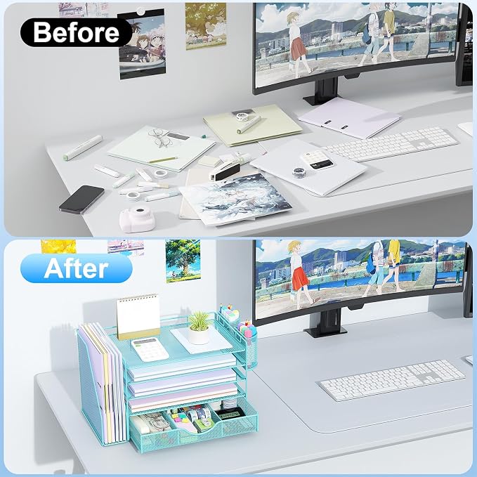 gianotter 5-Tier Desk Organizer with Drawers and File Holders | Letter Trays and Pen Holders - Workspace Accessories for Office Supplies (Blue)