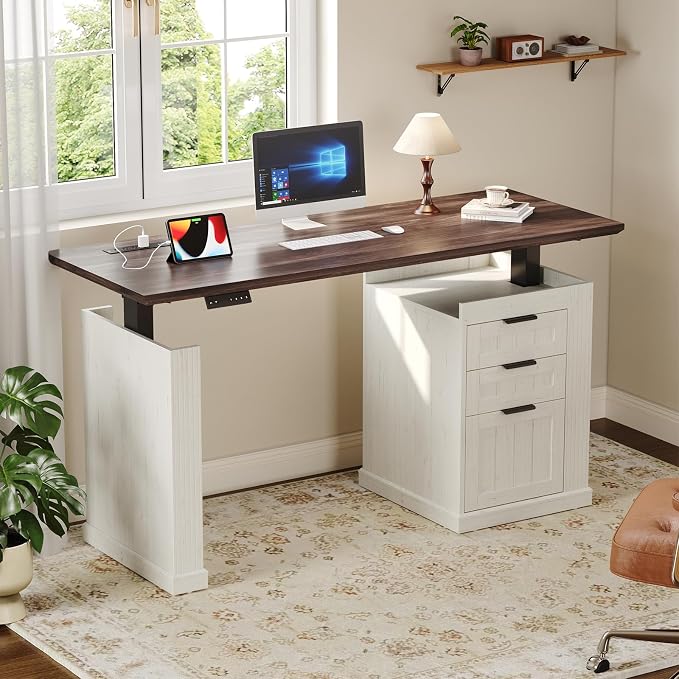 63" Electric Standing Desk with File Cabinet,Computer Desk, Walnut&White | Height Adjustable Desk with 3 Drawers, Farmhouse Sit-stand Desks w/ Power Outlets, Home Office Stand up Desk for Work, Study