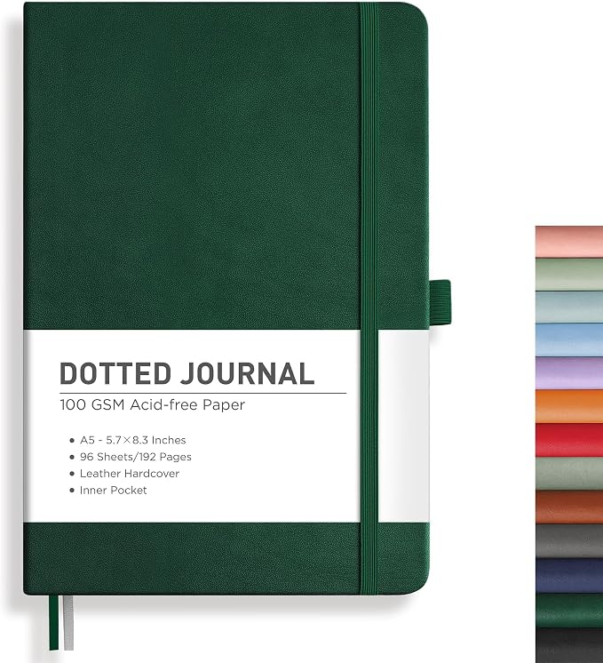 RETTACY Dotted Journal Notebook, 192 Pages, A5 Medium Size (5.7'' x 8.3''), Leather Hardcover, 100 GSM Thick Paper, for Journaling, Planning, Tracking (Dark Green)