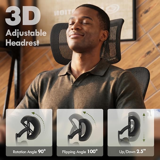 ELABEST T23 Ergonomic Mesh Office Chair, High Back Computer Desk Chair, Breathable AirMesh with Dual-Move Lumbar Support, 3D Armrests & Headrest, Tilt Lock,Big and Tall for Home Office(Onyx)