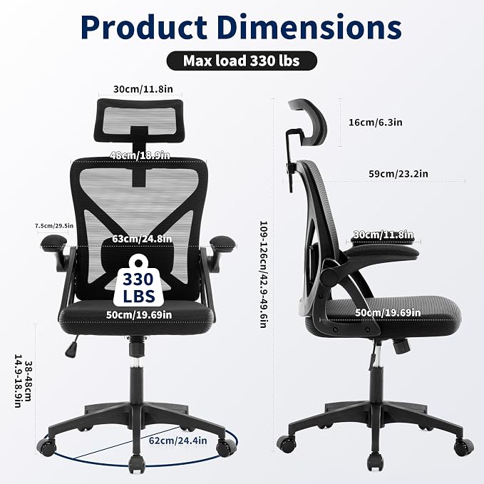 400 Lbs Mesh Ergonomic Office Chair, High Back with Lumbar & Headrest for Home Office