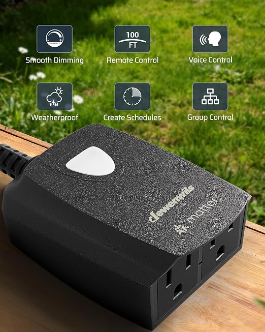 DEWENWILS Wi-Fi Matter Smart Dimmer Plug, Remote Control, 2 Grounded Outlets, Work with Alexa/Google Home, Support 200W Dimmable LED/400W Tungsten Bulbs, Outdoor Dimmer for String Lights, 2.4GHz Only