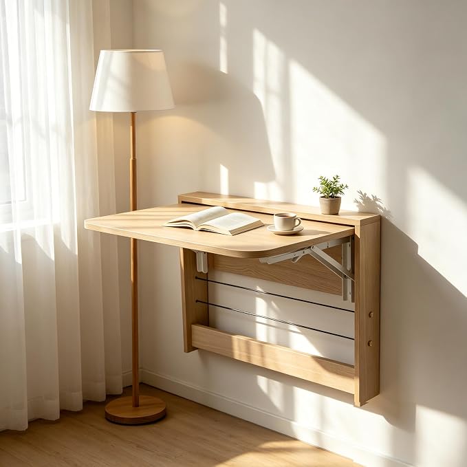 Folding Wall Table, Fold Down Table Wall Mounted, Floating Desk for Wall, Functional Hanging Desk for Home Office Workstation, Laundry Room, Kitchen Dining (24.8 * 16.3inch, Wood Color)