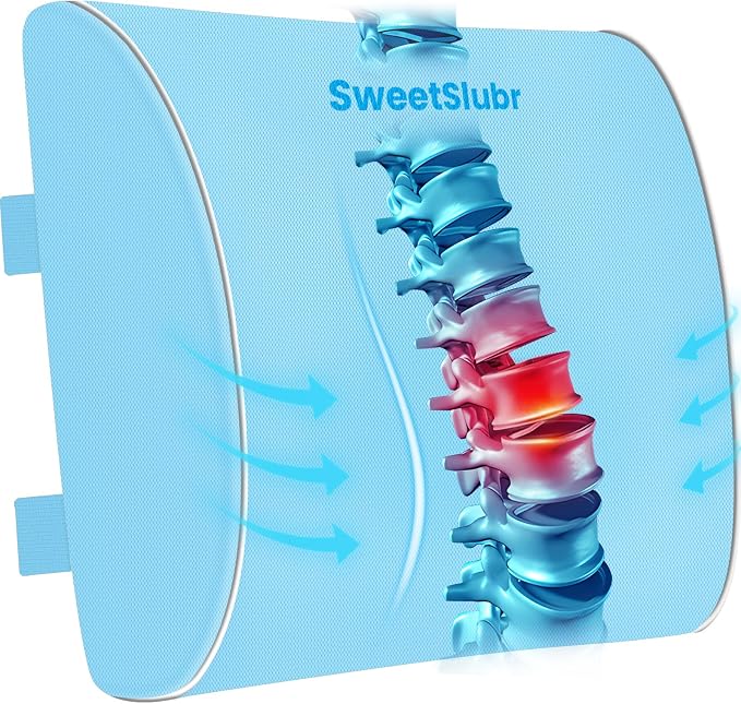 SweetSlubr Lumbar Support Pillow for Office Chair, Car & Gaming Chair, Ergonomic Memory Foam Cushion for Back Comfort,Zoned Back Support, Double Adjustable Straps(Light Blue,Large)