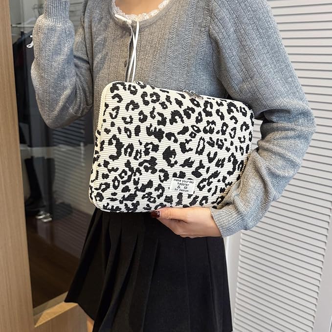 Leopard Print Laptop Case 11, 13,15 Inch Quilted Laptop Sleeve Soft Protective Cheetah Computer Sleeve for MacBook (Beige, with Strap, 11 Inch)