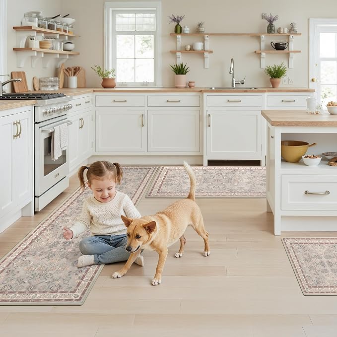 GRANNY SAYS Boho Kitchen Rug Sets of 3, Non Slip Washable Faux Wool Kitchen Mats for Floor, Thick Soft Anti-Fatigue Comfort Standing Mat Runner Rugs for Hallway Laundry Room, Boho Red