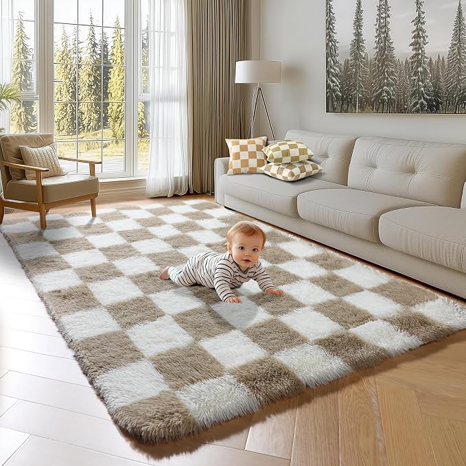KICMOR Area Rugs for Bedroom Living Room, 4x6 Fluffy Soft Beige and Cream White Checkered Rug Fuzzy Shag Shaggy Carpet, Indoor Plush Rugs for Kids Boys Girls Dorm Nursery Office Home Decor Aesthetic