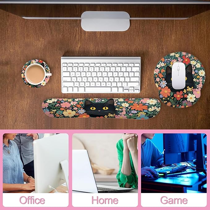 Cute Black Cat Flower Mouse Pad with Wrist Rest Set, 3-in-1 Wrist Support Mousepad Set, Gaming Mat Pad with Anti-Skid Base,Ergonomic Memory Foam Mouse Pad Set for Women, Office, Typing, Gaming