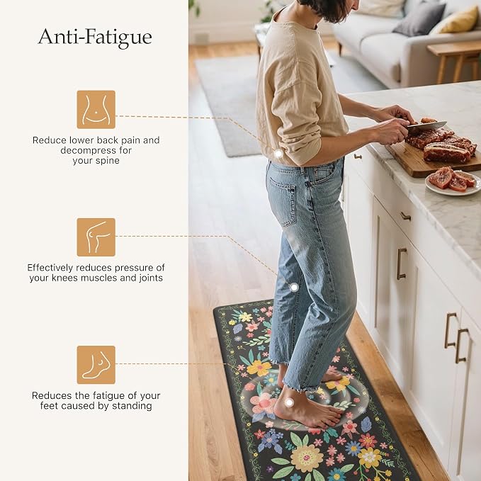 GENIMO Anti Fatigue Kitchen Mats for Floor 2PCS, Cushioned Standing Mats | 20"x32"&20"x48", Black vintage floral rug set, waterproof, non slip, easy-clean for farmhouse