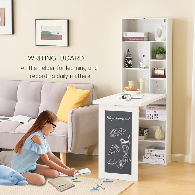 Folding Desk with Storage,Foldable Convertible Writing table with Blackboard and Shelves,Wall Mount Fold Out Table Cabinet , Space-Saving Murphy Desk Multi-Function Home Office Workstation (White)