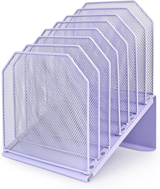 Inclined File Organizer for Desk, 7-Tier Vertical File Folder Holder Office Desk Organizer Metal Rack File Wire Mesh Desktop Document Sorter for Office School Classroom Home (Purple)