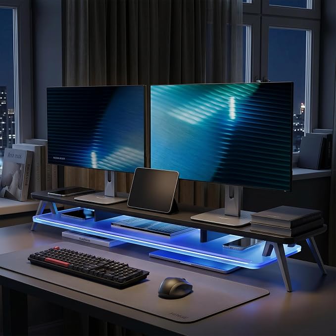 Fenge Dual Monitor Stand with 8-Mode LED Lights and Frosted Shelf, Black | Sturdy Aluminum Legs, Built-In Phone & Tablet Slot, 2-Tier Storage, 42.5-Inch Desk Shelf for Gaming, Home Office & Streaming