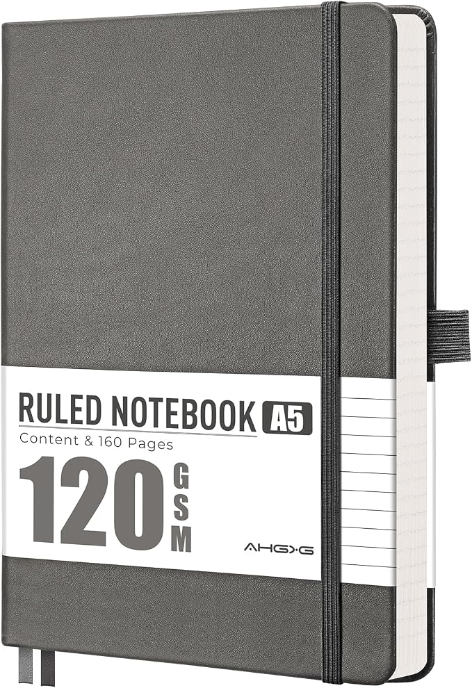 AHGXG Lined Journal Notebook, 160 Numbered Pages, A5 Medium Size (5.7'' x 8.3''), 120 GSM Thick Paper, for Men & Women, Journaling, Writing, Work & Office, Leather Hardcove (Gray)