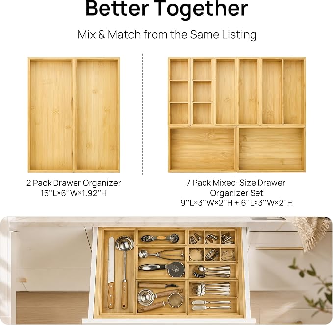 Vtopmart 2 Pack Bamboo Drawer Organizer Boxes, Junk Drawer Storage Trays | Natural Bamboo Storage Dividers for Kitchen, Bathroom, Office & Vanity Drawers, Organize Jewelry, Makeup, Tools & Essentials