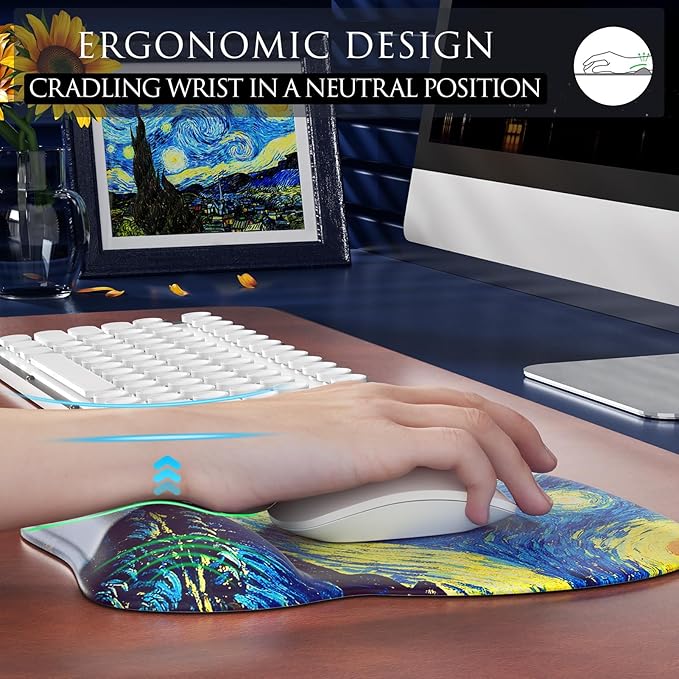 MROCO Ergonomic Mouse Pad with Gel Wrist Rest, Smooth Wrist Support Surface, Non-Slip PU Base for Pain Relief, Comfortable Mousepad for Computer, Laptop, Office & Home, 9.4 x 8.1 in, Starry Night