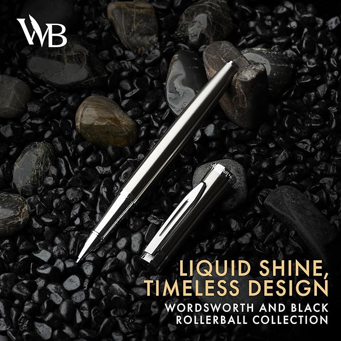 Wordsworth and Black Rollerball Pen - Luxury Pen - Chrome Finish, Silver Lacquer, Ink Refill, Refillable Gift for Men & Women, Professional Writing, Nice and Fancy Pens and for Work