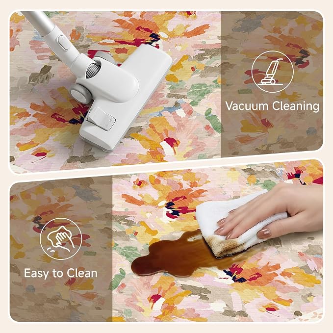 Anti Fatigue Kitchen Mats 2PCS Thick Non Slip Cushioned Rugs Beige Abstract Floral Waterproof Comfort Standing Mats for Floor Sink Laundry Office 17.3"×59"+17.3"×30"