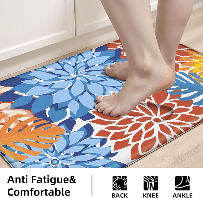Arenarug Kitchen Mats for Floor 2PCS Cushioned Anti Fatigue Kitchen Mats Waterproof Non Slip Kitchen Mat Rug Set Comfort Foam Standing Mat for Sink, Laundry, Office,17.3" x 28" + 17.3" x 47", Red Blue