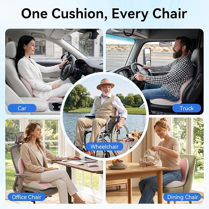 Seat Cushion for Office Chair and Car, Lumbar Support Pillow for Chair | Memory Foam Ergonomic Orthopedic Cushion Relieve Tailbone Sciatica Lower Back Pain for Office Desk Chair, Car, Truck, Pink