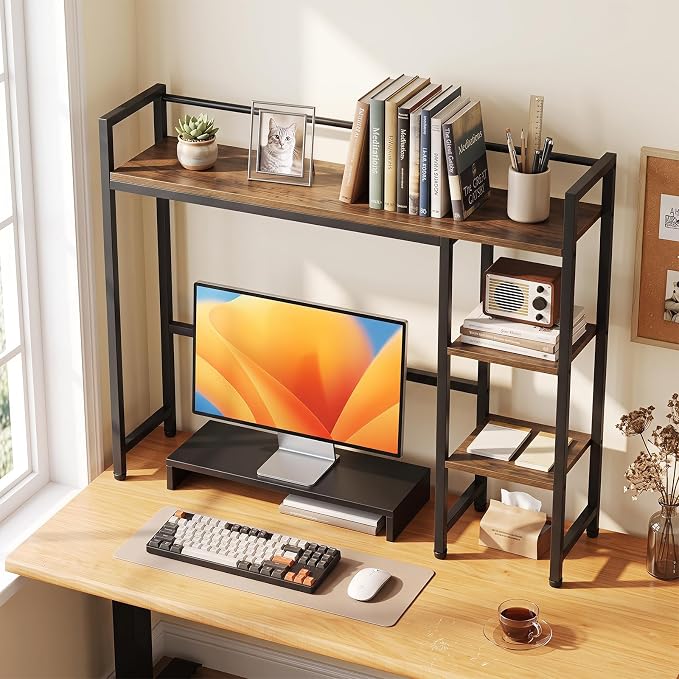 Tangkula 4-Tier Desktop Bookshelf, 38.5" Dorm Desk Hutch, Rustic Brown | Tabletop Hutch for Computer Monitor, 4 Open Storage Shelves, Anti-tip Device, Desktop Display Shelves for Home Office
