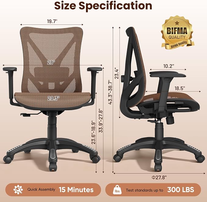 Ergonomic Office Chair, Mesh Computer Desk Chairs with Adjustable Lumbar Support, 3D Armrests, Tilt Function, Comfy Wide Seat, Swivel Executive Work Task Chair for Company and Home