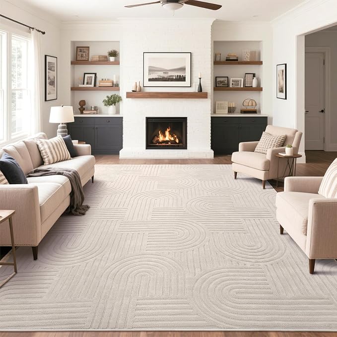 SHACOS Soft Cozy Fluffy Arch Pattern High-Low Pile Area Rugs 8'x10' Large Non Slip Washable Modern Geometric Rug Scandinavian Minimalist Carpet for Living Room Bedroom Dining Room, Beige
