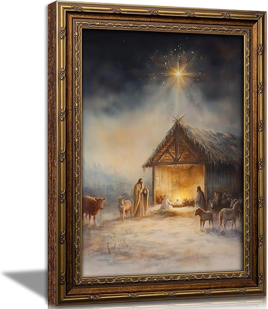 Vintage Nativity Scene Gold Framed Wall Art Birth of Jesus Christmas Christian Painting Canvas Prints Mary Joseph Holy Family Picture Star of Bethlehem Poster Artwork for Church Prayer Room, 9x11in