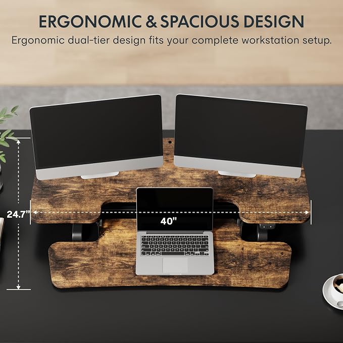 FLEXISPOT 40" Electric Standing Desk Converter, Motorized Sit to Stand Desk Riser, Height Adjustable Desktop Dual Monitor Workstation with Large Keyboard Tray, Rustic Color