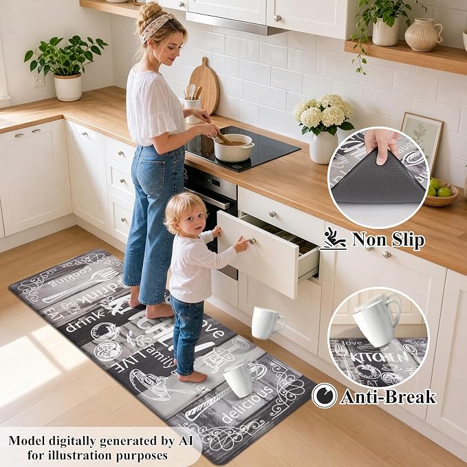 HEBE Anti Fatigue Kitchen Rugs Set of 2, Cushioned Kitchen Mats for Floor | Non Slip Farmhouse Kitchen Rug and Runner Set, Waterproof Comfort Kitchen Floor Mat Carpet for Sink, Standing Desk, Laundry