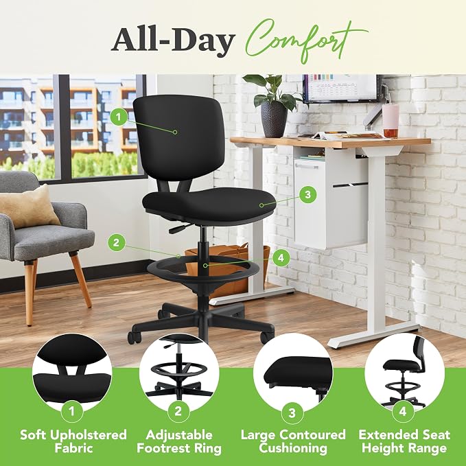 HON Volt Standing Desk Chair with Footring, Armless Ergonomic Task Stool with Center‑Tilt Recline, Adjustable Height Seating for Computers, Desks, and Sit‑Stand Workstations, Black
