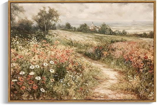 OIQArtOIQ Framed Canvas Wall Art,Vintage Decor,Landscape Nature Country Wildflower Paintings Farmhouse Pictures Modern Artwork Rustic Fall Flower Prints Cottagecore Office Living Room Bedroom Bathroom