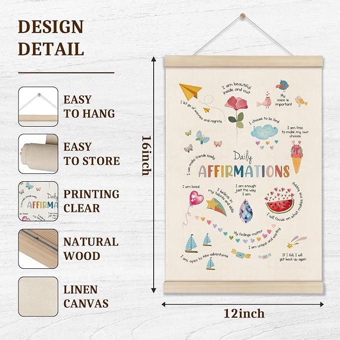DOI-LANEE Daily Affirmations Wall Decor for Women Kids,Positive Inspirational Motivational Mental Health Posters Hanger Frame,Wall Art for Therapist Calming Office Nursery Playroom Bedroom,12x16 Inch