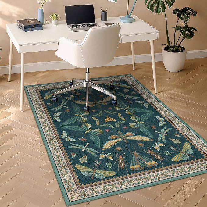 3'x4' Teal Office Chair Mat for Hardwood Floors, Insect Boho Design,Non-Slip Low Pile Desk Rug, 36"x48" Small Area Rug for Computer Desk Home Office, Machine Washable WFH Essential for Dorm Room