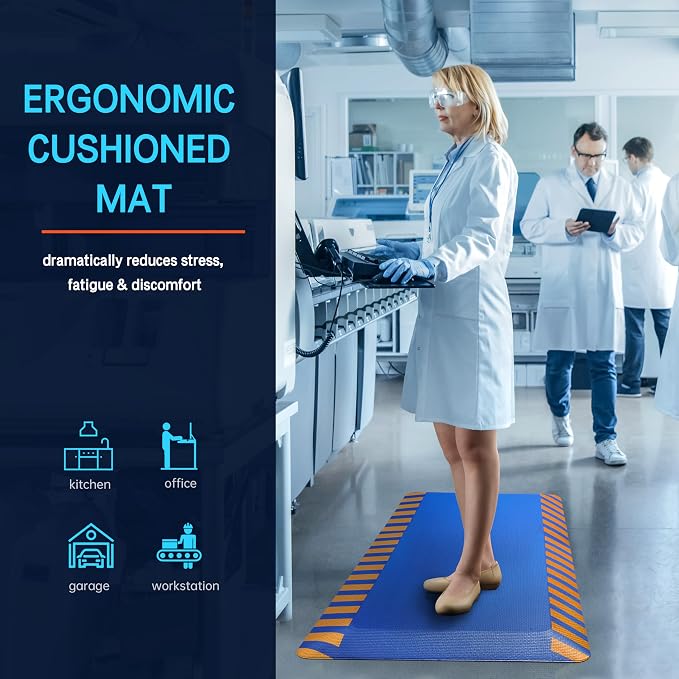 FEATOL Anti Fatigue Mat Industrial, Ergonomic Standing Floor Mat for Work for Stand -Safety Support for Leg & Back Pain(Blue with Yellow Border, 17" x 24", 1PC)