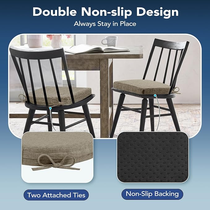 Chair Cushions for Dining Chairs, Non Slip Chair Pads with Ties and Washable Covers, Memory Foam Kitchen Chair Cushions Set of 6, 16"X16"X2.5", Khaki