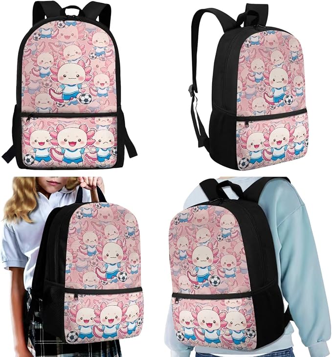 WELLFLYHOM 4Pcs Soccer Axolotl School Backpack for Girls 6-8 Cute Book Bag | Pink Bookbag Kids Schoolbag with Lunchbox Pencil Case Water Bottle Sleeve Girls School Back Pack