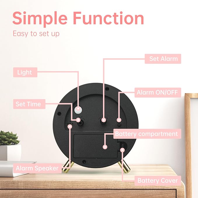 JALL Analog Alarm Clock, 4 inch Super Silent Non Ticking Small Clock with Night Light, Battery Operated, Simple Design, Easy Setting for Office, Bedroom, Bedside, Desk, Teens, Elders, Adult, Pink