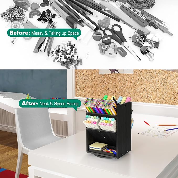 Bamboo Rotating Large Desk Organizer - Darfoo Art Supply Organizer, 13 Compartments, 1000+ Pencil Holder Capacity, Easy DIY Assembly, Spinning Desktop Organizer for Home Office Supply (Black)