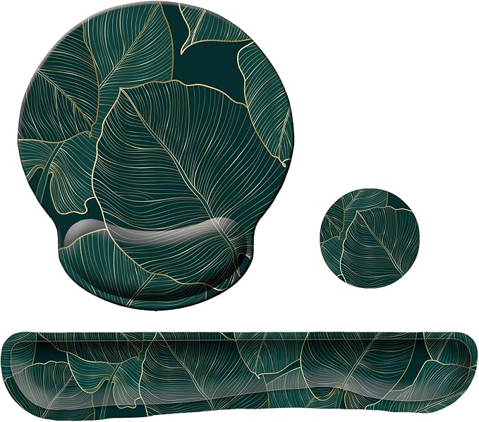 Keyboard Wrist Rest Pad Mouse Pad with Wrist Support Set of 3, Mousepad with Non-Slip Rubber Base, Ergonomic Memory Foam Mouse Wrist Cushion Support for Home Office Laptop Computer, Green Leaves