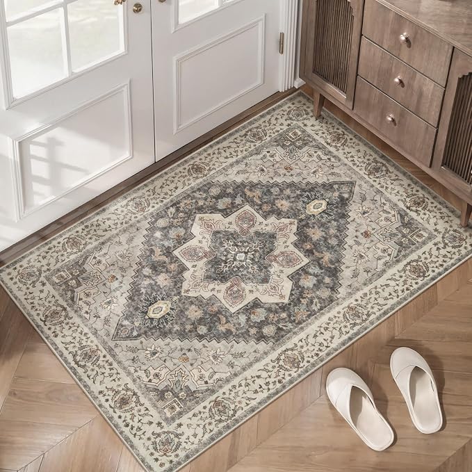 Tangsoo 2x3 Washable Rugs for Entryway, Vintage Non Slip Small Area Rug, Farmhouse Indoor Front Door Rug, Door Mat Small Carpet, Soft Low Pile Entry Rug for Entrance Kitchen Bedroom Grey/Multi