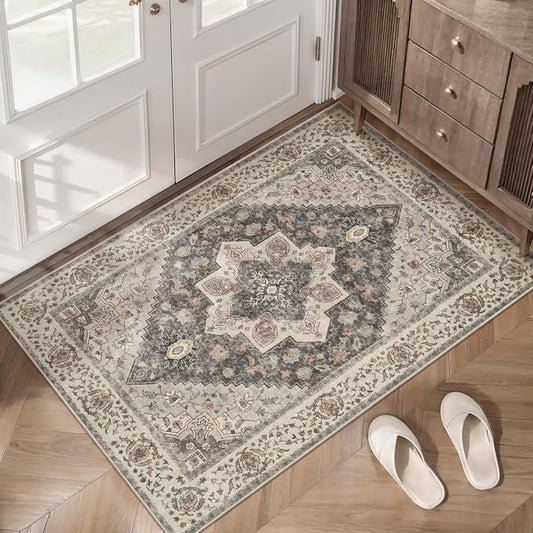 Tangsoo 2x3 Washable Rugs for Entryway, Vintage Non Slip Small Area Rug, Farmhouse Indoor Front Door Rug, Door Mat Small Carpet, Soft Low Pile Entry Rug for Entrance Kitchen Bedroom Grey/Multi