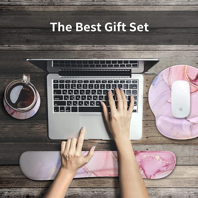 iCasso Desk Mat, Gaming Mouse Pad Wrist Support Set,4in1 XXL Large Mousepad + Keyboard Wrist Rest+Mouse Wrist Rest+Coaster Set with Ergonomic Design for Home Office Table Computer-Glitter Marble
