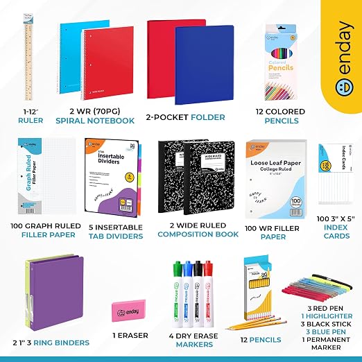 Enday Middle School Supplies Kit - 6th, 7th, and 8th Grade Back to School Supplies - 55 Piece, Premium Quality Kids School Supplies for Girls & Boys, Grades 6-8 Middle School Supplies for Kids