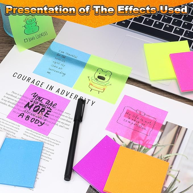 Transparent Sticky Notes 600 Sheets, Frosted Glitter Gummy 3x3 Inch, High Glass-Like Clear See Through Post Self-Adhesive Notes for Women Office School Teacher Planer Bible Supplies 12 Pads