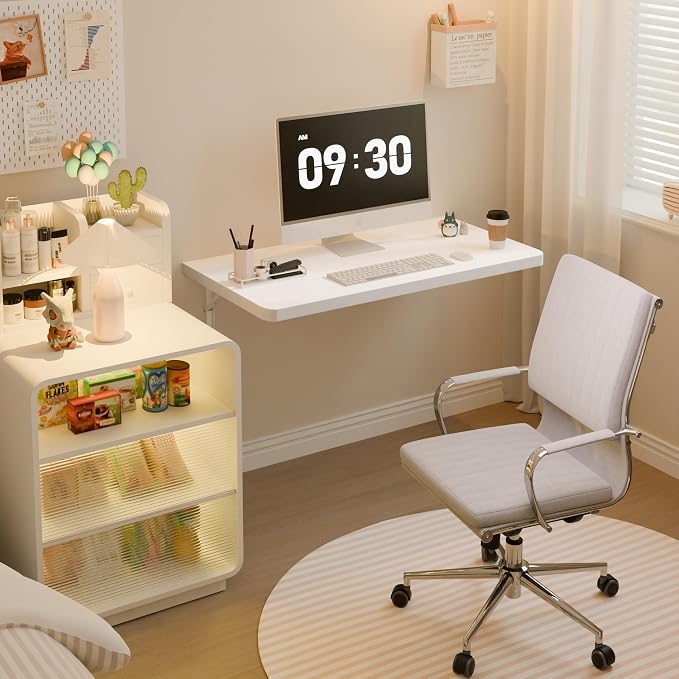 Dogsky Floating Wall Desk, 24" x 14" Wall Mounted Folding Table, Pine Wood Fold Down Wall Table, 100 lb Capacity Wall Mount Desk for Small Apartment, Laundry Room,Kitchen,Bar & Computer Use, White